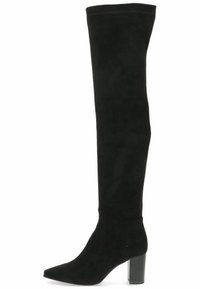Botas negras por encima de la rodilla hechas de ante suave, con punta afilada y un tacón rectangular grueso con un acabado texturizado.