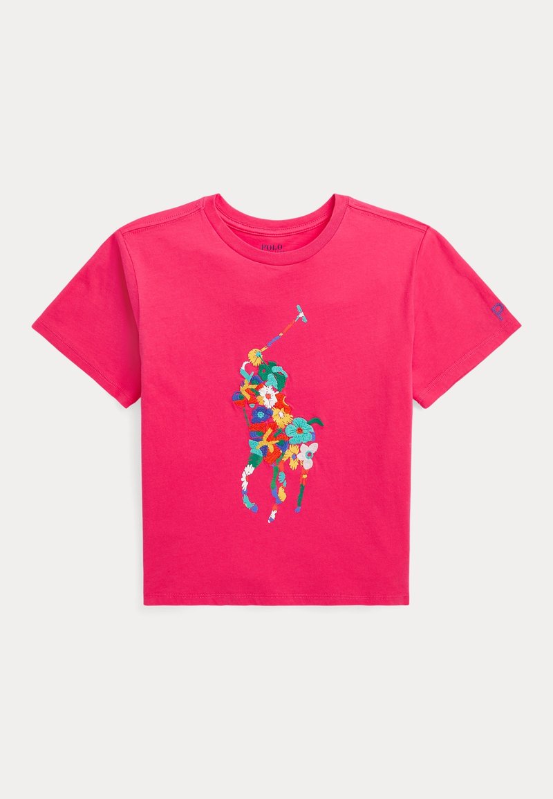 Růžové bavlněné tričko s multikolorovým vyšitým designem květin a hráče póla na hrudi a malým logem na rukávu.