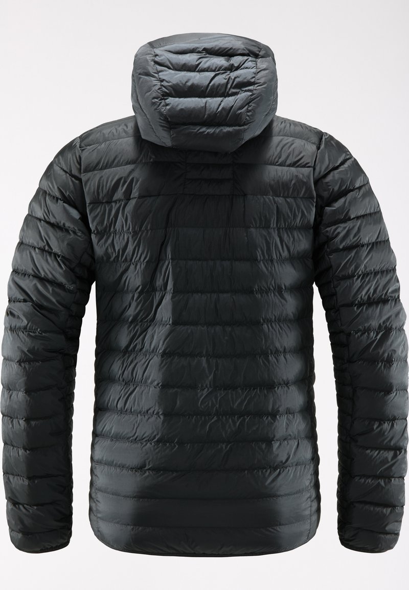 Chaqueta acolchada negra con un diseño de acolchados, capucha y textura suave. Mangas largas con puños acanalados, material ligero y costuras sin costura.