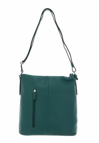 Sac en cuir teal à bandoulière avec une poche frontale zippée, texture lisse et bandoulière réglable. Le design présente des détails de couture subtils.