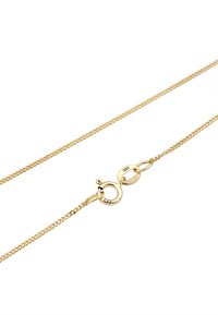 Guld kædedyse med et fint link design, der har en rund krabbe-lås og et ovalt mærke med "585." Glat og blank overflade.