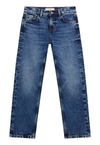 I jeans in denim blu presentano un taglio dritto, cinque tasche, cuciture gialle e una leggera scoloritura sulla parte anteriore e posteriore per un aspetto vissuto.