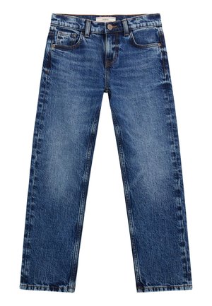 I jeans in denim blu presentano un taglio dritto, cinque tasche, cuciture gialle e una leggera scoloritura sulla parte anteriore e posteriore per un aspetto vissuto.