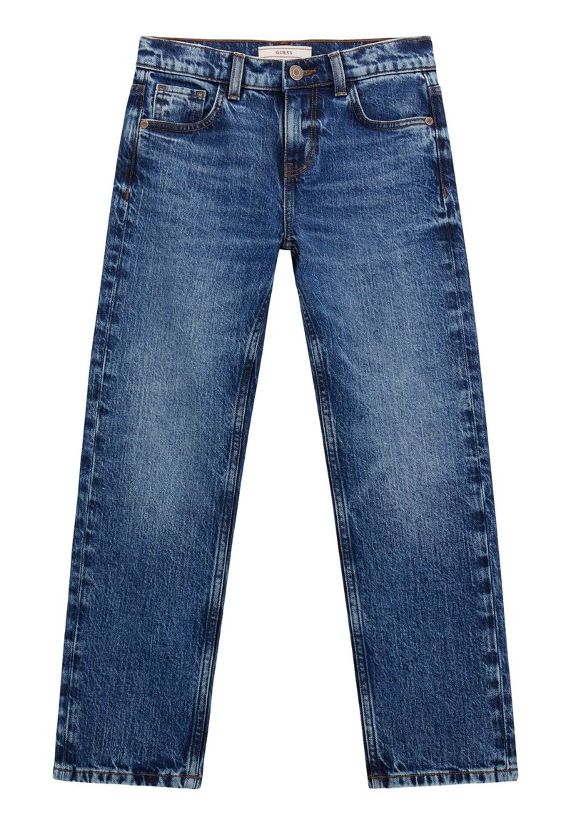 I jeans in denim blu presentano un taglio dritto, cinque tasche, cuciture gialle e una leggera scoloritura sulla parte anteriore e posteriore per un aspetto vissuto.