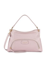 Borsa a mano in pelle rosa con forma curvata, manico superiore, tracolla rimovibile e zip dorata. Presenta una tasca frontale con cerniera.