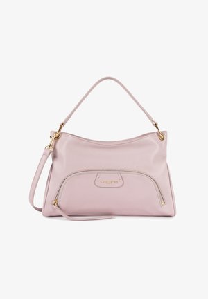 Borsa a mano in pelle rosa con forma curvata, manico superiore, tracolla rimovibile e zip dorata. Presenta una tasca frontale con cerniera.