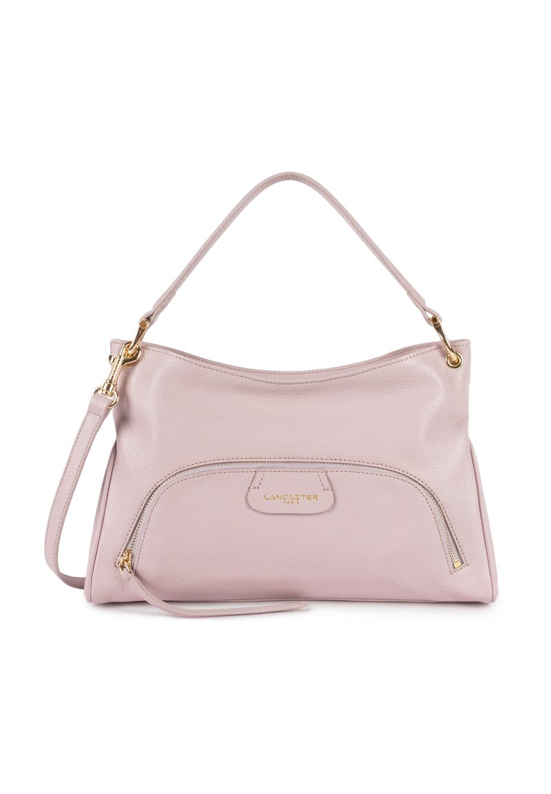 Borsa a mano in pelle rosa con forma curvata, manico superiore, tracolla rimovibile e zip dorata. Presenta una tasca frontale con cerniera.