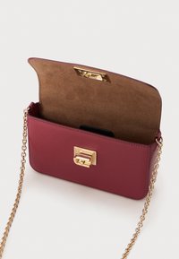 Burgundy leather crossbody bag with a gold latch, chain strap, and soft suede interior. Opened to show inner pocket and texture details.
