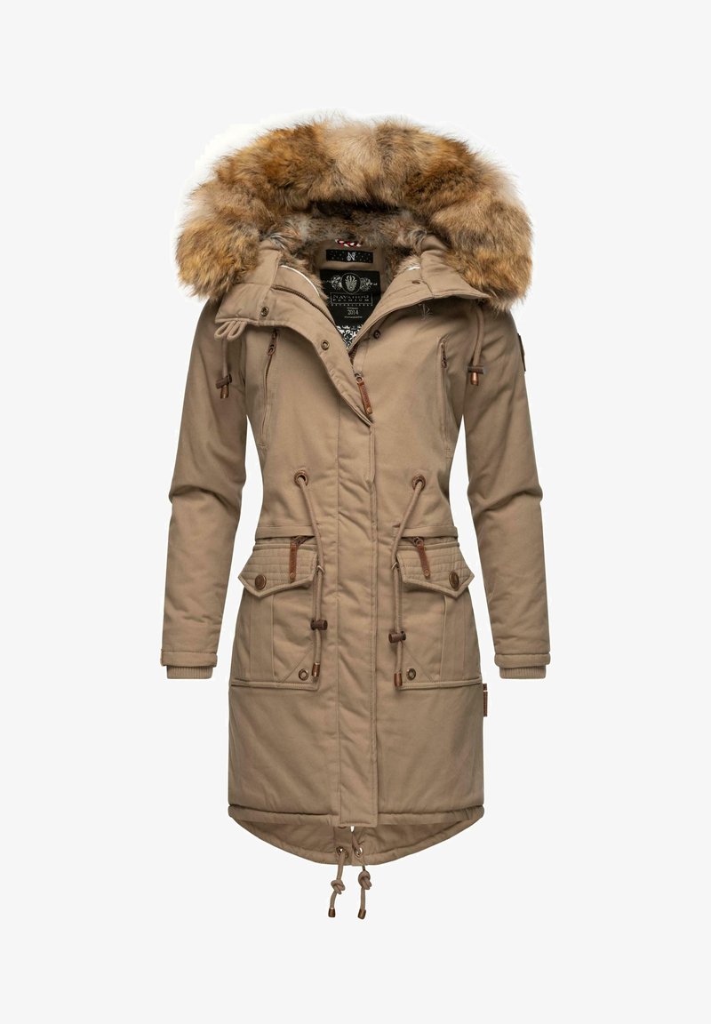 Parka long beige avec fermeture éclair devant, taille et ourlet à cordon, poches à rabat, poignets côtelés et grande capuche bordée de fausse fourrure.