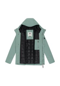 Chaqueta verde menta con capucha. Interior negro aislante con patrón acolchado. Cuenta con un bolsillo en el pecho y cierre de cremallera. Textura exterior suave.