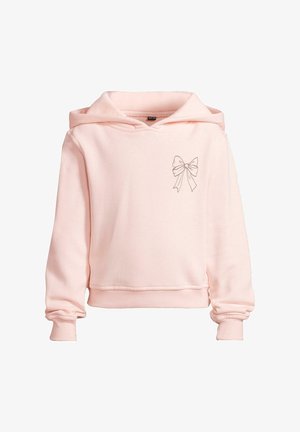 Jasnoróżowa hoodie z długim rękawem, ściągaczami na mankietach i prostym wzorem kokardy na górnej lewej części klatki piersiowej.