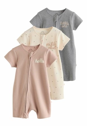 Drei kurzärmelige Baby-Strampler mit Rippmuster in Beige, Creme mit kleinen Drucken und Grau, jeweils mit Frontreißverschluss und Textstickerei.
