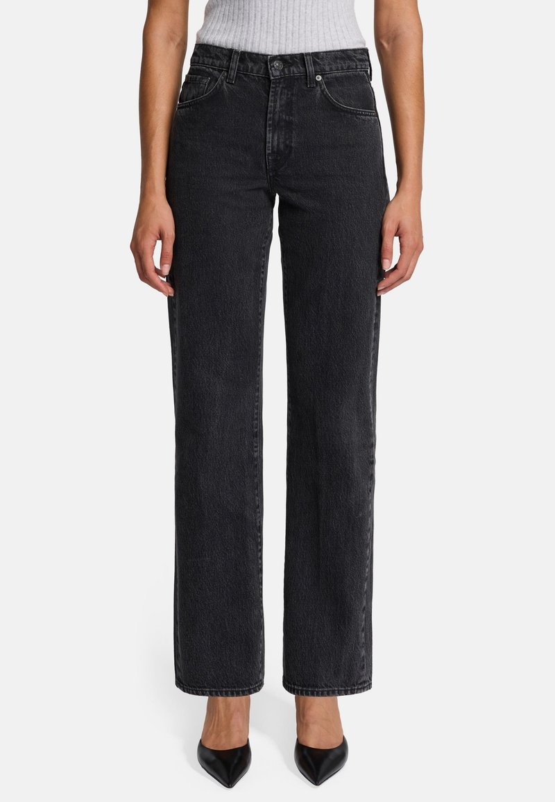Jeans in denim nero a vita alta con design a gamba dritta, dotati di tasche anteriori, passanti per cintura e dettagli di cucitura minimal.