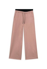 Pantalones de pierna ancha en rosa claro con cintura elástica negra, cordón y bolsillos laterales. La tela tiene una textura suave y sedosa.