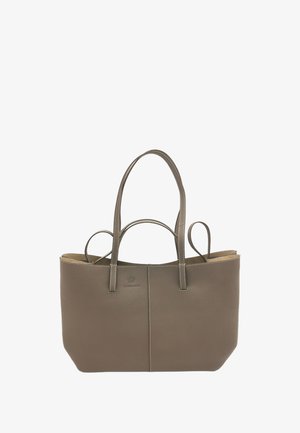 Leder-Tragetasche in Taupe mit doppelten Griffen, glatter Textur und kontrastierendem Stich. Auf der Vorderseite befindet sich ein Logo.