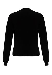 Schwarzer, langärmliger Pullover mit gerippter Textur und rundem Ausschnitt. Einfaches Design, figurbetonte Silhouette, keine sichtbaren Verschlüsse oder Logos.