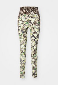 Legging s leopard uzorkom na struku, cvjetnim uzorkom u žutoj i zelenoj boji, prilagođenog dizajna, s crnim grafičkim elementima na donjem dijelu nogu.