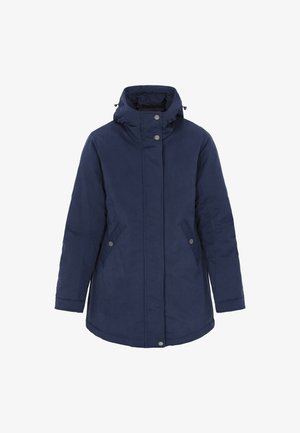 Dunkelblauer isolierter Mantel mit hohem Kragen, zwei französischen Taschen und Druckknöpfen. Glatte Textur und mittellanges Design für Wärme.