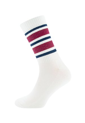 Weißer Crew-Socken mit geripptem Bündchen mit zwei marineblauen und zwei kastanienbraunen horizontalen Streifen.