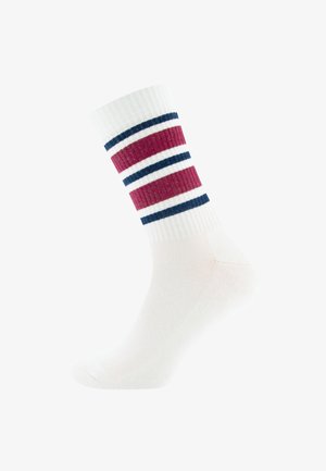 Weißer Crew-Socken mit geripptem Bündchen mit zwei marineblauen und zwei kastanienbraunen horizontalen Streifen.