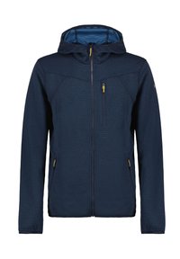 Giacca zip-up blu navy con superficie texturizzata, cappuccio attaccato e dettagli gialli della cerniera; presenta due tasche laterali e una tasca sul petto.
