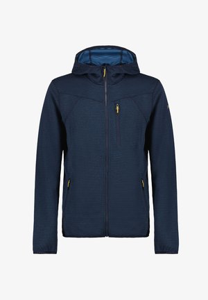 Giacca zip-up blu navy con superficie texturizzata, cappuccio attaccato e dettagli gialli della cerniera; presenta due tasche laterali e una tasca sul petto.