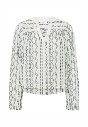 Lange mouw blouse van lichtgewicht stof, met een v-hals, een crèmekleurige achtergrond en intrigerende blauwe geometrische patronen overal.