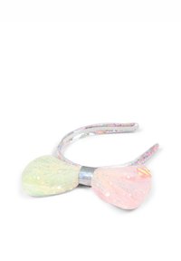 Serre-tête en plastique avec un grand nœud en maille pastel. Un côté est vert, l'autre est rose, tous deux ornés de sequins. Accent central métallique argenté.