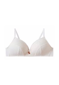 Bralette blanc avec des détails en dentelle et un motif texturé. Dispose de bretelles ajustables et d'un petit accent décoratif au centre.