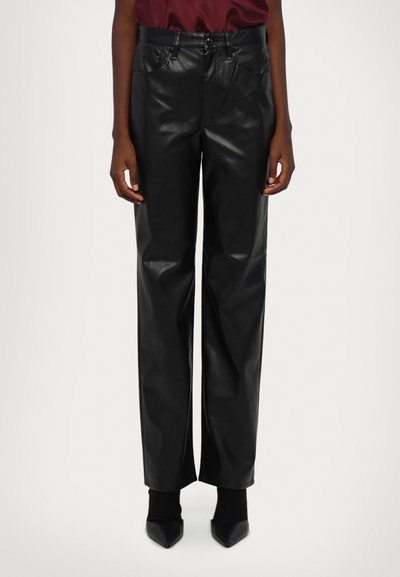Black faux leather wide-leg pants featuring a button fly, front pockets, and a smooth surface texture. Tailored for a relaxed fit.