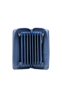 Portafoglio in pelle blu con scomparti a fisarmonica, caratterizzato da una superficie texturizzata e una chiusura a zip. L'interno presenta diversi scomparti per carte.