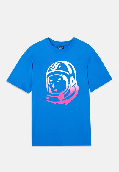 Blue cotton t-shirt featuring a graphic print of an astronaut's face in white and pink. Short sleeves and classic crew neck design.