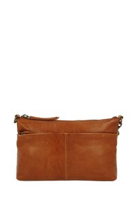 Brūns ādas plecu soma ar gludu tekstūru, kas aprīkota ar rāvējslēdzēja aizdari, priekšējo kabatu un noņemamu siksnu. Taisnstūra forma.