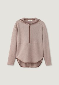 Felpa leggera rosa con mezza cerniera frontale, maniche raglan e orlo curvo. Presenta una cerniera e rifiniture marroni a contrasto. Texture morbida.