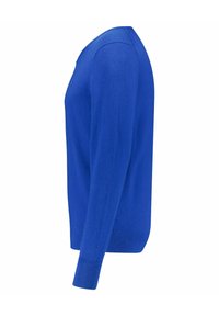 Blauer gestrickter Pullover, runder Ausschnitt, lange Ärmel, gerippte Bündchen und Saum. Glatte Textur, figurbetonte Silhouette, minimales Markenlogo.