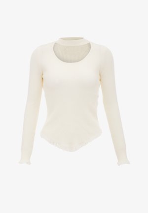 Csíkozott, hosszú ujjú felső, törtfehér színben, kerek nyakkal, kivágott részletekkel és egyenetlen rojtos szegéllyel az alján.