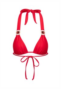 Rode bikini-top met driehoekige cups, zacht materiaal, halternekbanden en decoratieve edelsteenaccenten op de banden. Verstelbare striksluiting aan de achterkant.
