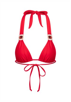 Rotes Bikini-Oberteil mit dreieckigen Cups, weichem Material, Halsbandbändern und dekorativen Edelsteinen an den Trägern. Verstellbare Schnürung auf der Rückseite.