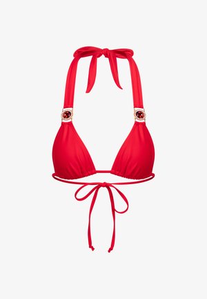 Haut de bikini rouge avec des bonnets triangulaires, en matériau doux, avec des liens autour du cou, et des accents décoratifs en gemmes sur les bretelles. Dos à lacer ajustable.