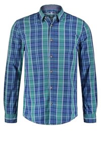 Chemise à manches longues boutonnée avec motif à carreaux vert, bleu et blanc, col et boutons marron sur le devant.