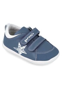 Blue leather sneaker with white accents and star design. Features two Velcro straps, stitching details, and a white rubber sole.