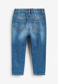 Jeans in denim azzurro chiaro che mostrano una vista posteriore con due tasche quadrate, una cintura elastica e una silhouette a gamba dritta.