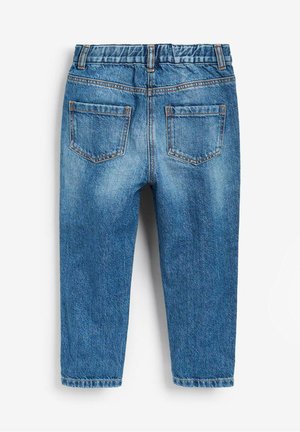 Lichtblauwe denim jeans met een achteraanzicht met twee vierkante stoffen zakken, een elastische tailleband en een rechte pijp.