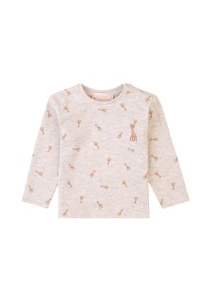 Hellgraues Langarmshirt mit einem verstreuten Giraffen- und Schaufeldruck in Beige. Weicher Stoff mit rundem Ausschnitt.