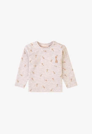 Hellgraues Langarmshirt mit einem verstreuten Giraffen- und Schaufeldruck in Beige. Weicher Stoff mit rundem Ausschnitt.