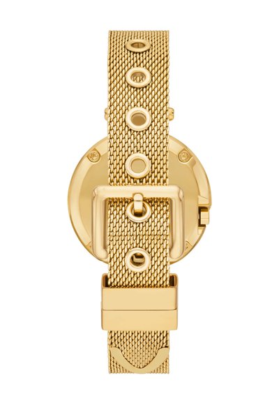 Guld neturvagt med et rundt urkasse, der har et struktureret armbånd og cirkulære udsparinger langs remmen. Spænde-lukning med polerede detaljer.