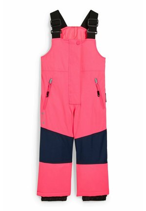 Dziecięce ocieplane różowe spodnie narciarskie z czarnymi regulowanymi szelkami i granatowymi łatami na kolanach, wyposażone w zapinane na zamek boczne kieszenie.