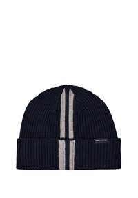 Berretto lavorato a maglia blu navy con una texture a coste, caratterizzato da due strisce verticali grigie a contrasto e un piccolo etichetta del marchio sul lato.