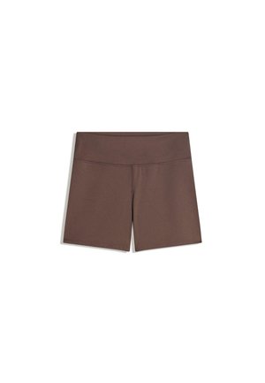 Pantaloni sportivi alti di vita, marroni uniformi, con cuciture piatte e una cintura larga, distesi su uno sfondo bianco.