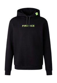 Sweat à capuche noir avec texte jaune néon "FIRE + ICE" sur la poitrine et petite étiquette assortie sur la capuche, avec cordons et poignets côtelés.